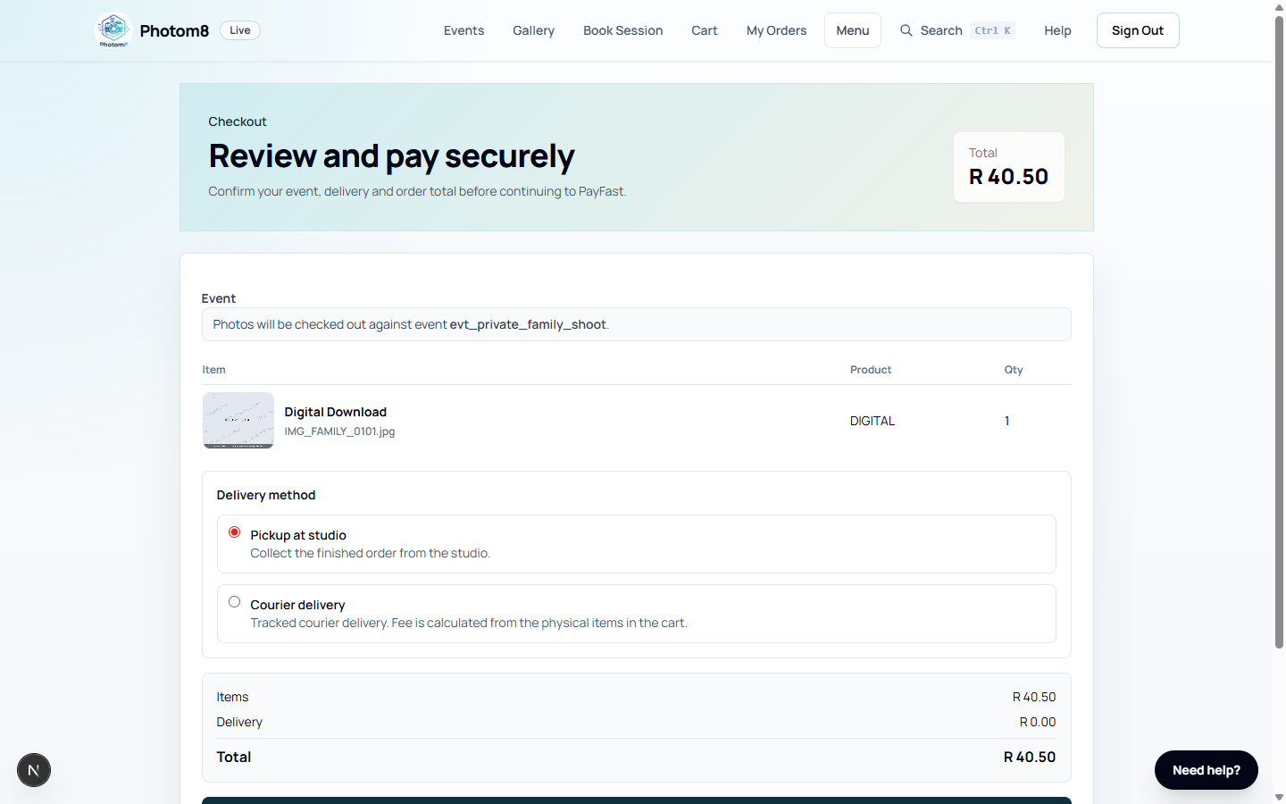 Checkout page